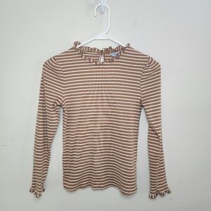 croft & barrow Brown and White Striped Ruffled Neck Long Sleeve Top
